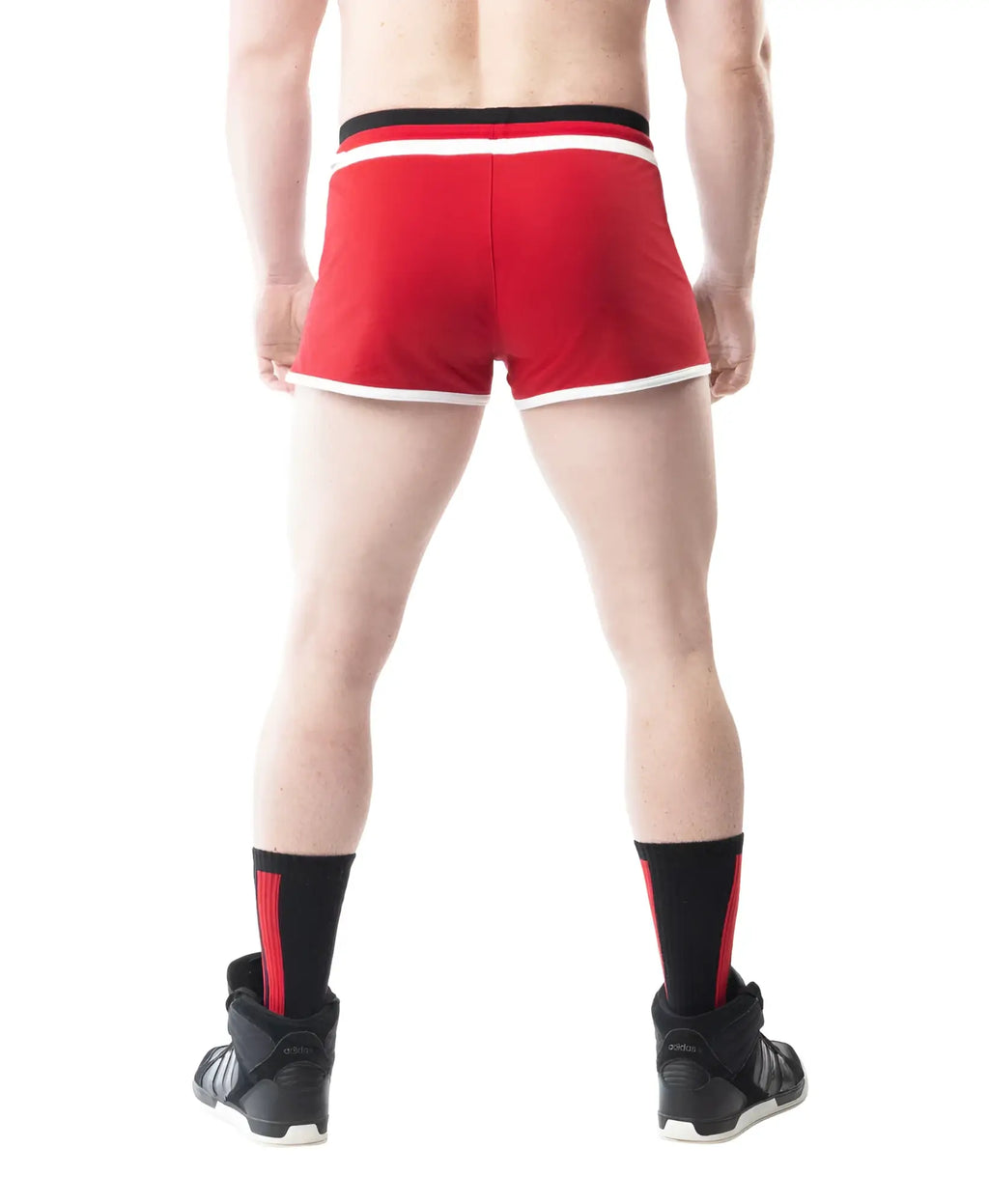 Red lift club trunk shorts with white and black trim designed for athletic performance and comfort