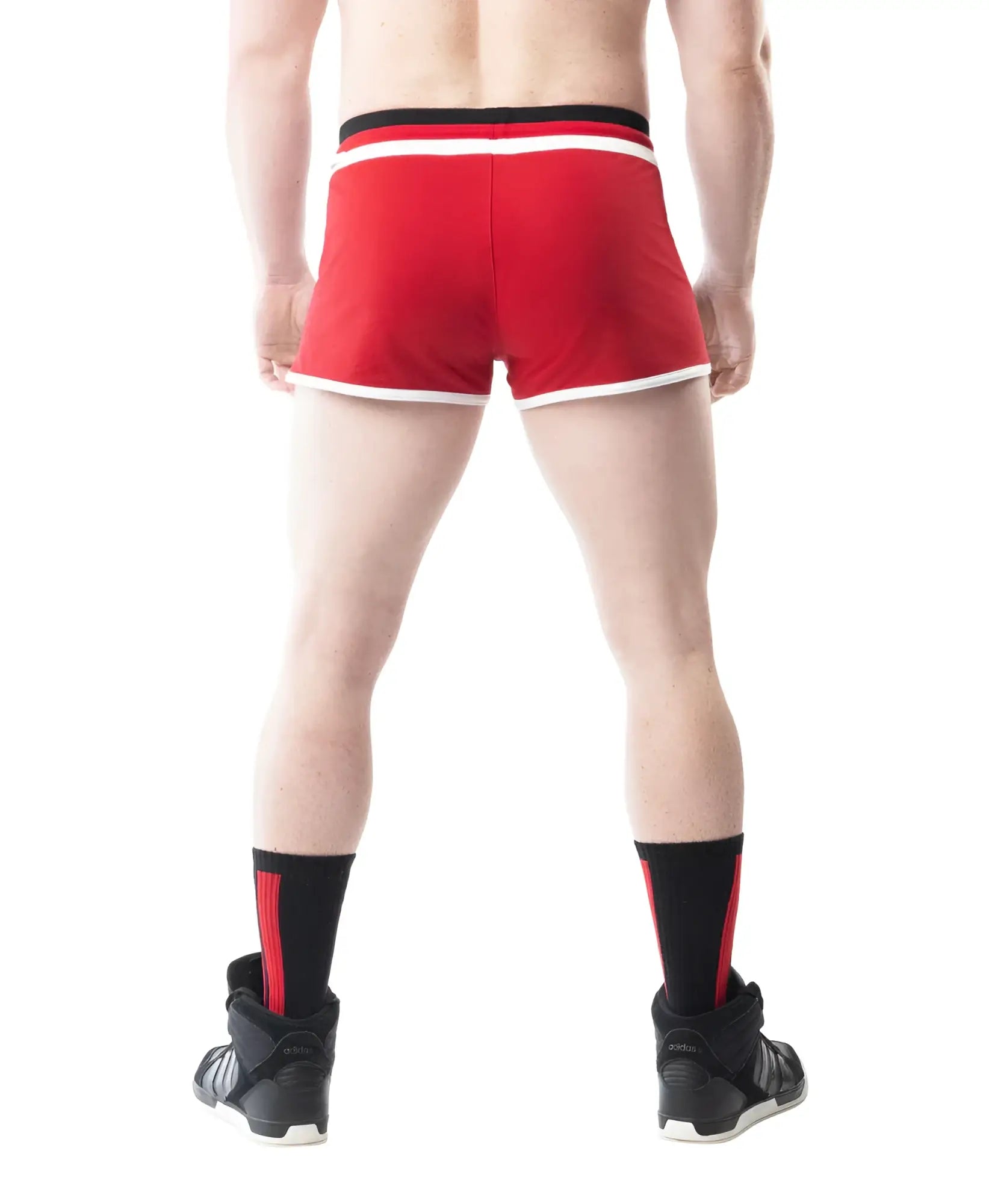 Red lift club trunk shorts with white and black trim designed for athletic performance and comfort