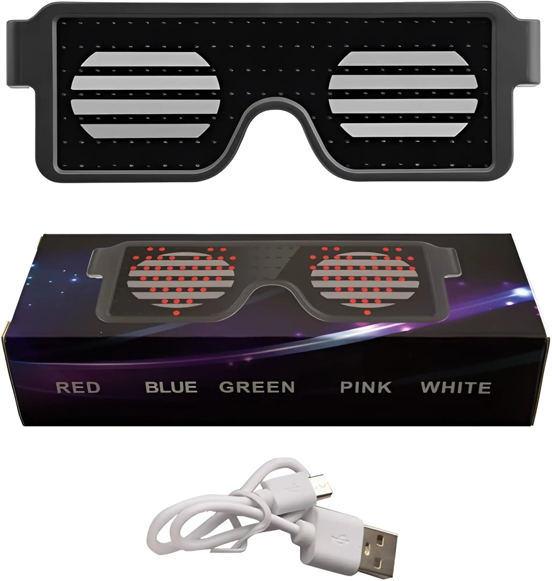 Black light up glasses with silver horizontal striped lenses sleek plastic frame and included usb charging cable