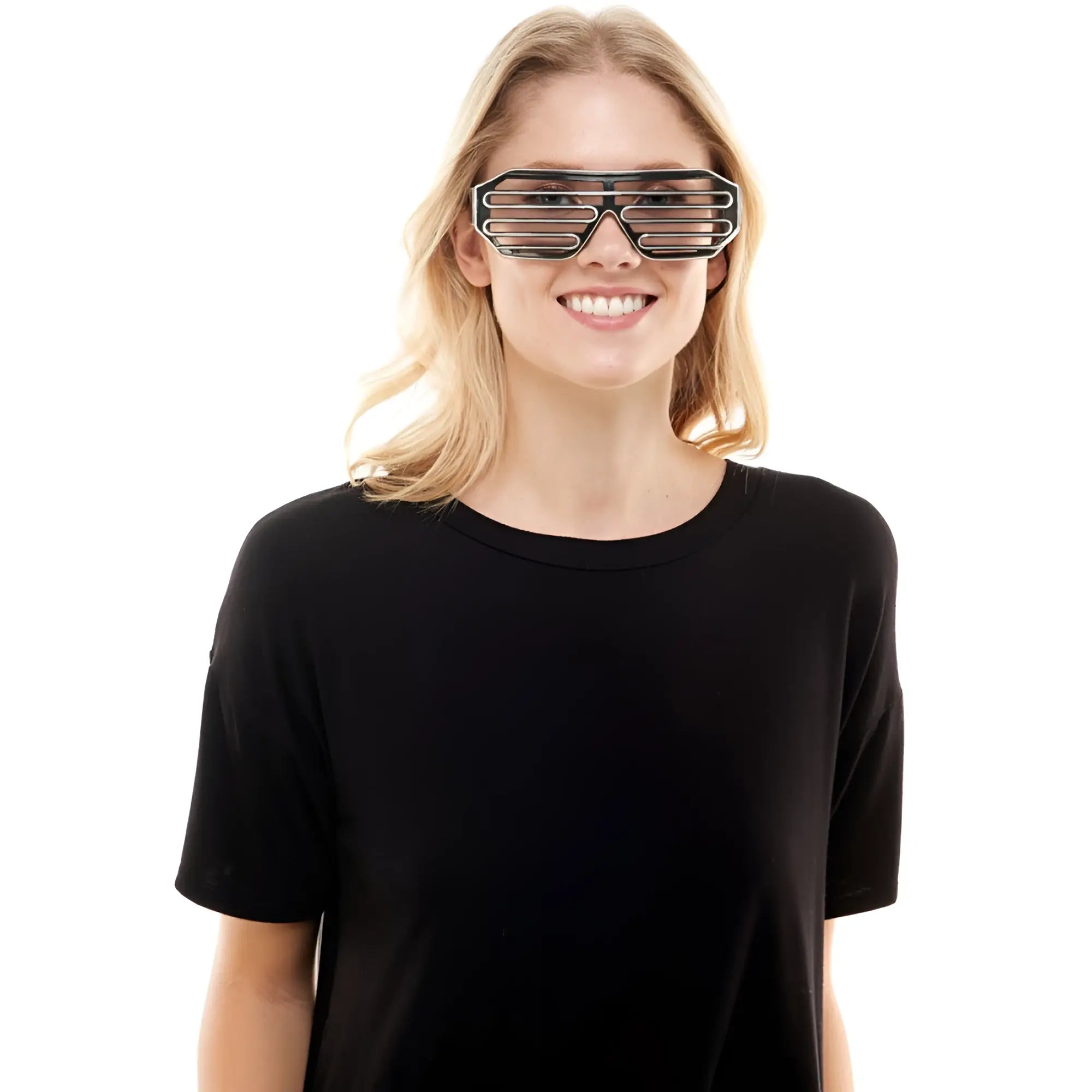 Black plastic light up glasses with slatted bold futuristic design perfect for parties and events