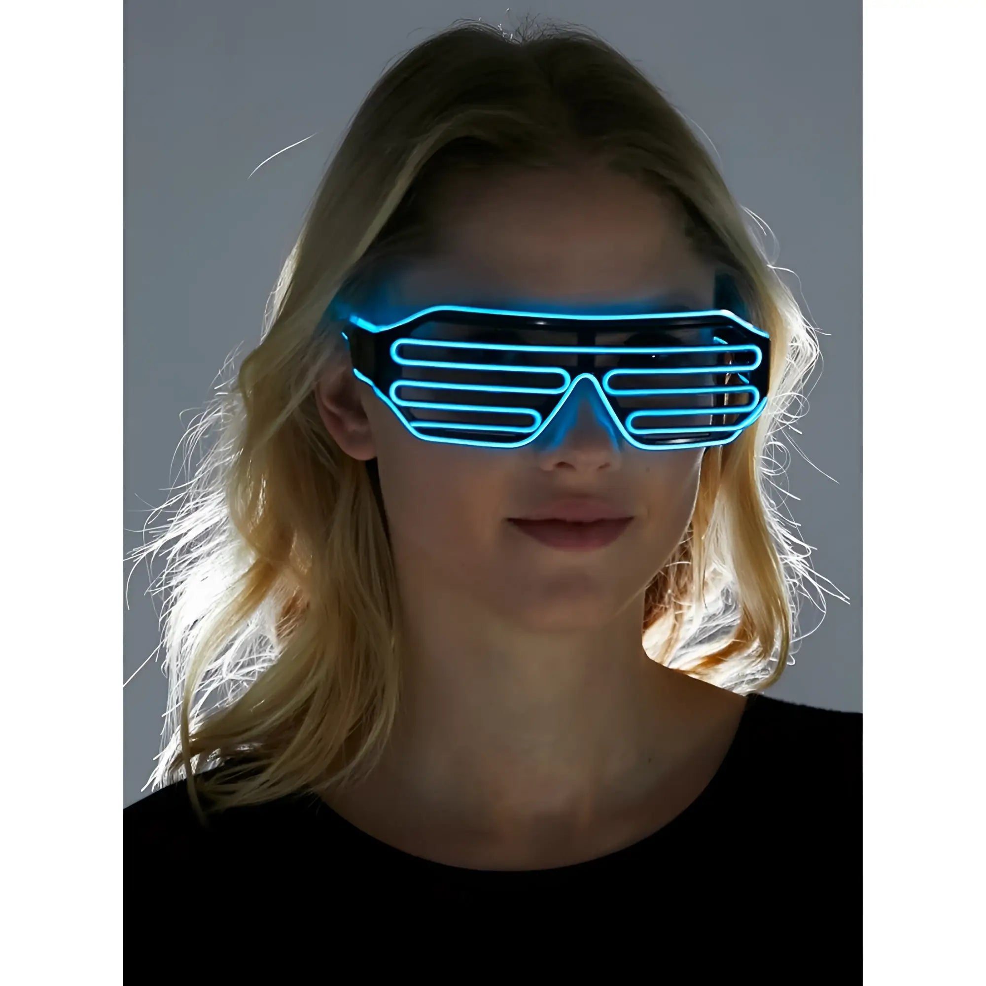 Blue neon-lit futuristic light up glasses with sleek angular design for stylish nightlife and events use