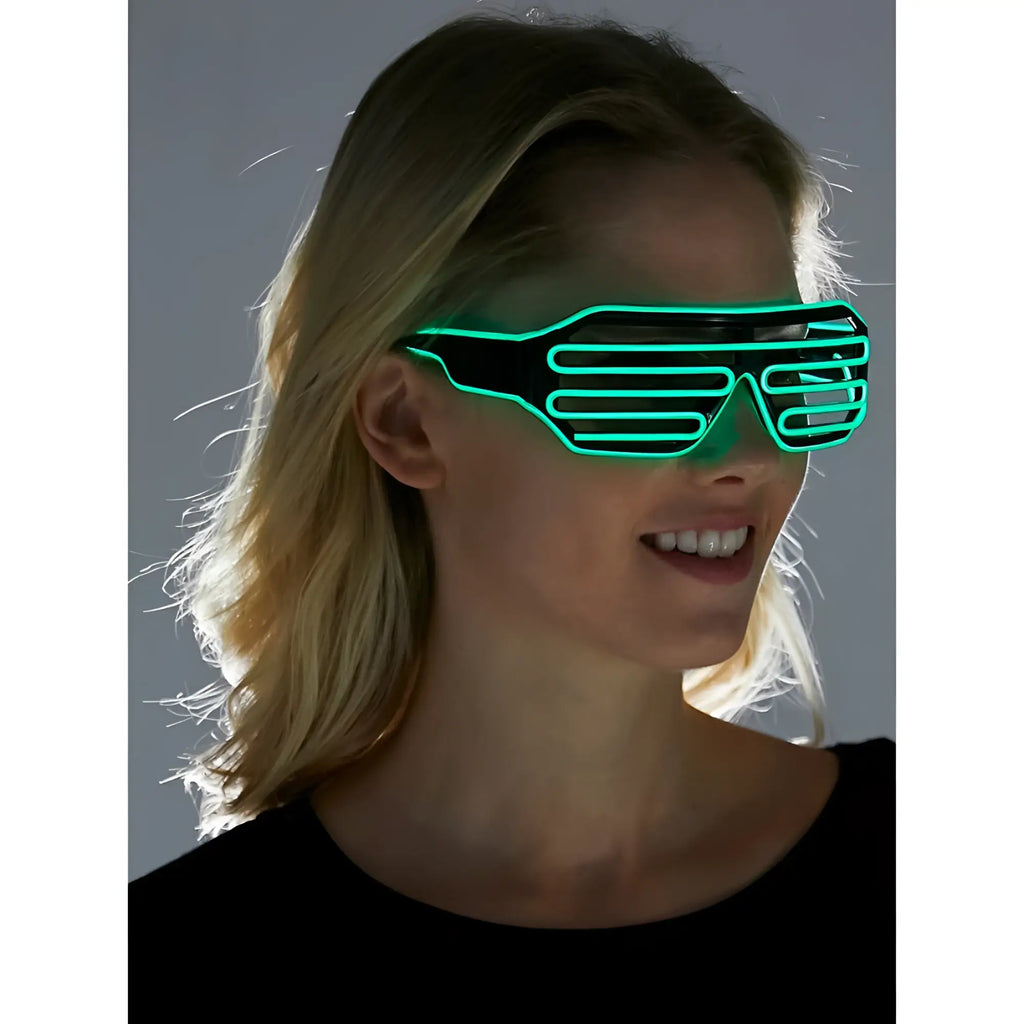 Green led light-up glasses with black frame and horizontal glowing stripes for night events and parties