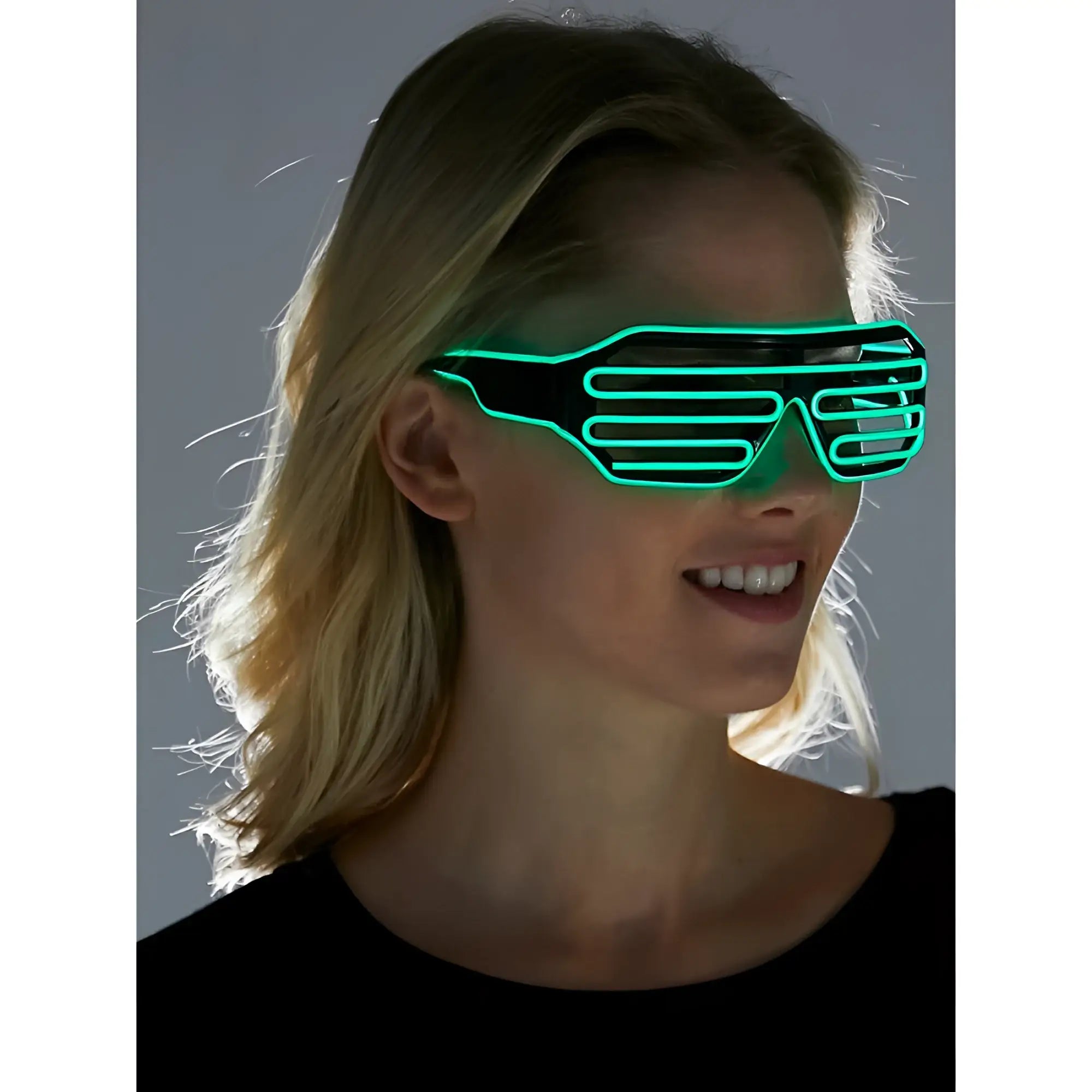 Green led light-up glasses with black frame and horizontal glowing stripes for night events and parties
