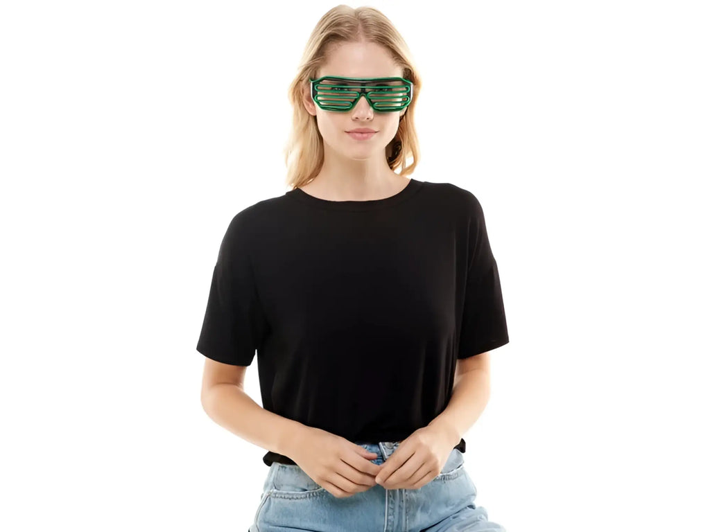 Green plastic light up glasses with horizontal slats designed as novelty sunglasses for parties and events