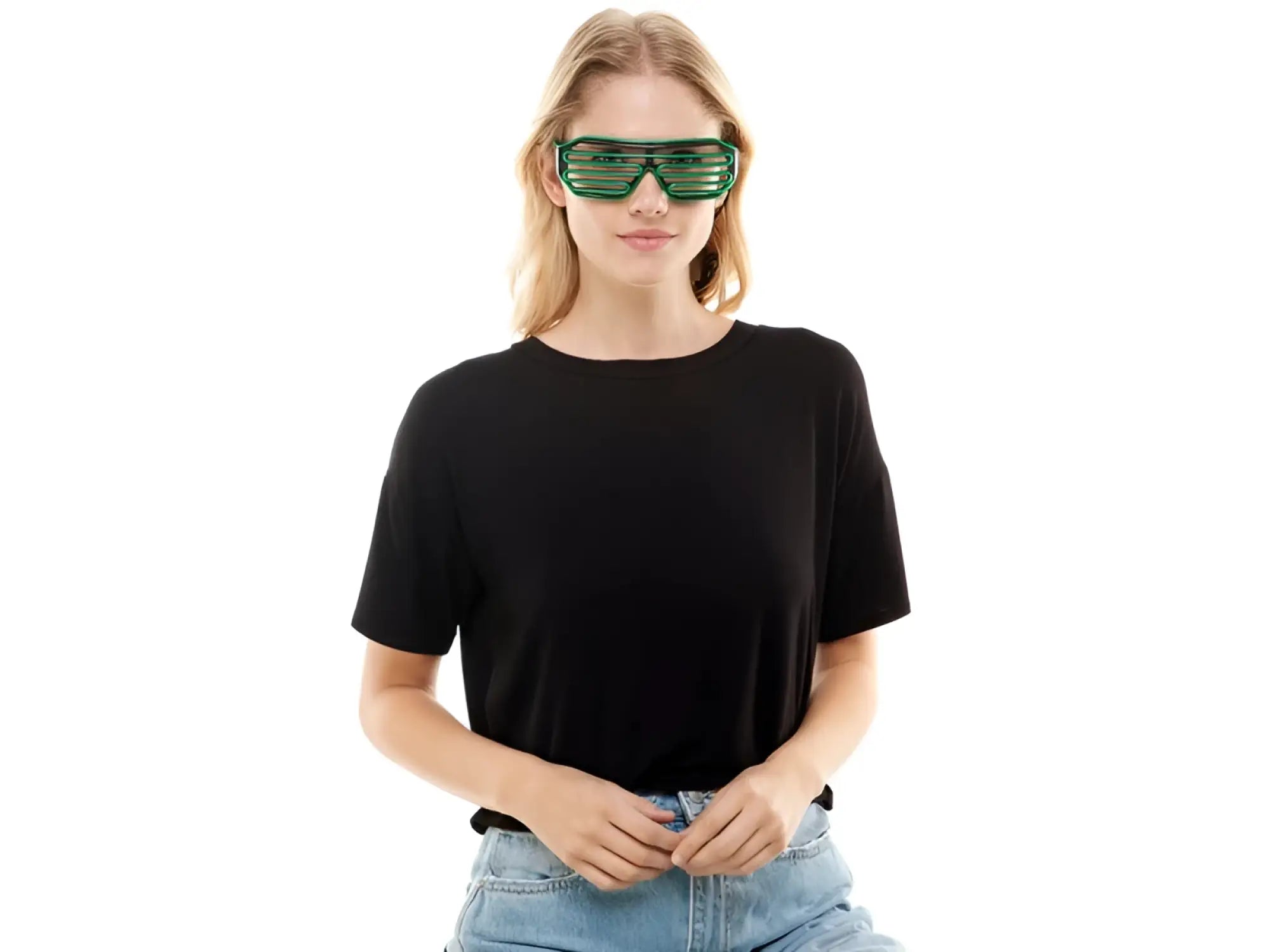 Green plastic light up glasses with horizontal slats designed as novelty sunglasses for parties and events