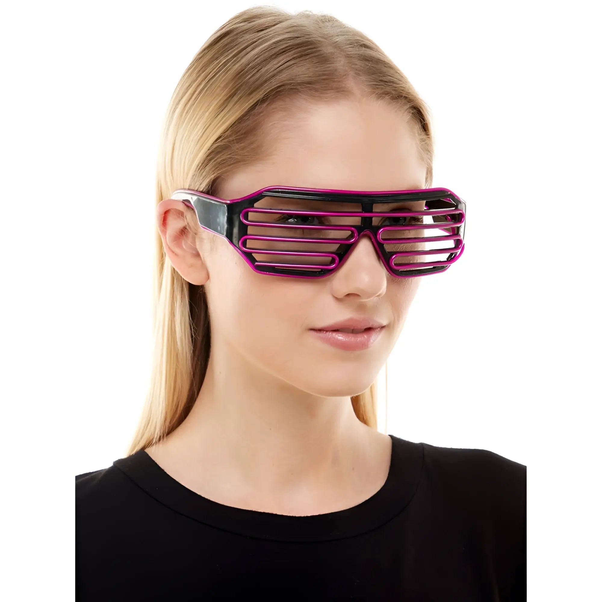 Light up glasses with purple and black led light-up shutters designed for party and festival use