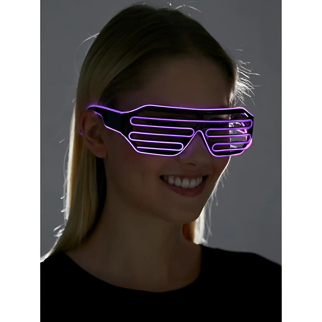 Light up glasses with sleek black frame and purple led-lit horizontal glowing stripes for stylish nighttime use