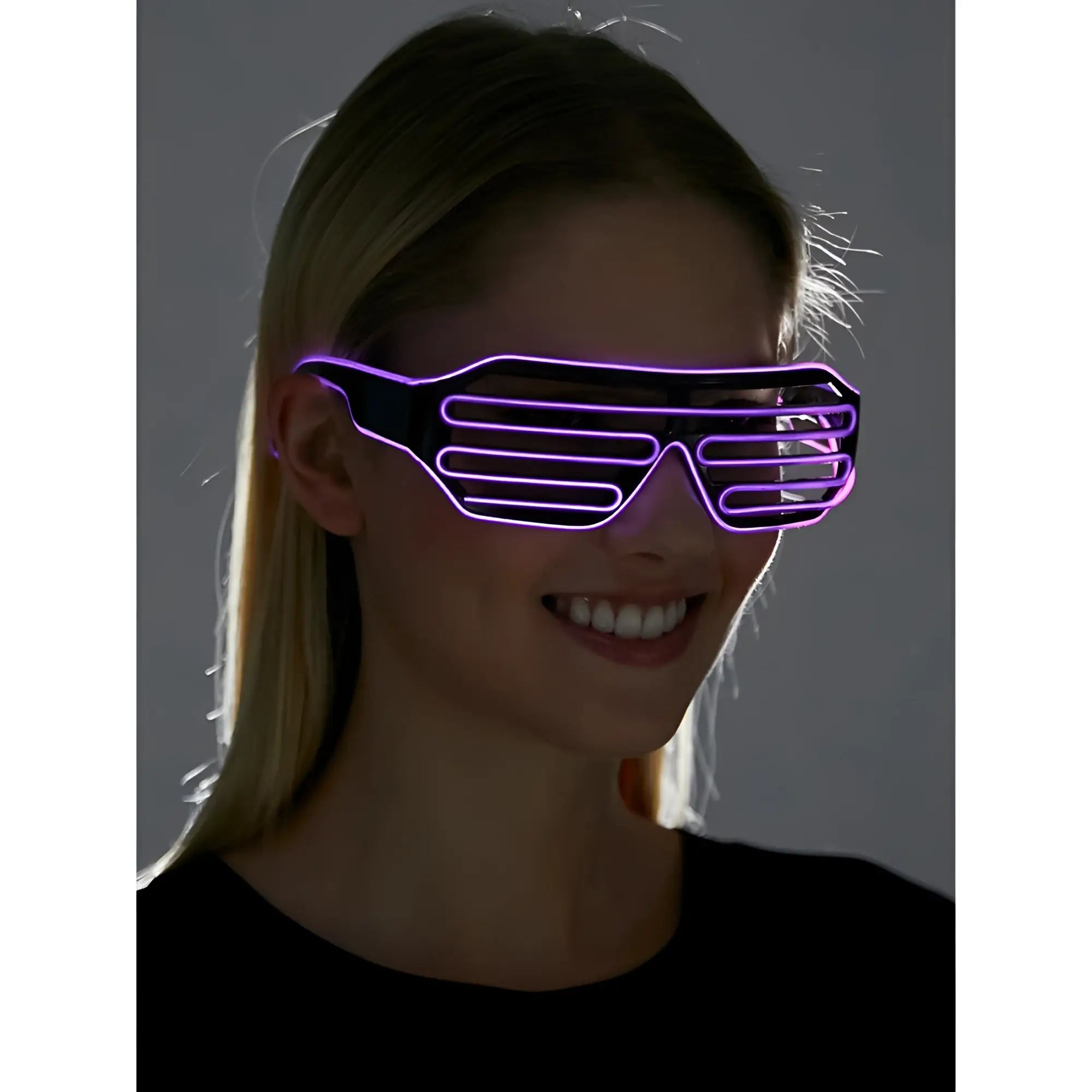 Light up glasses with sleek black frame and purple led-lit horizontal glowing stripes for stylish nighttime use