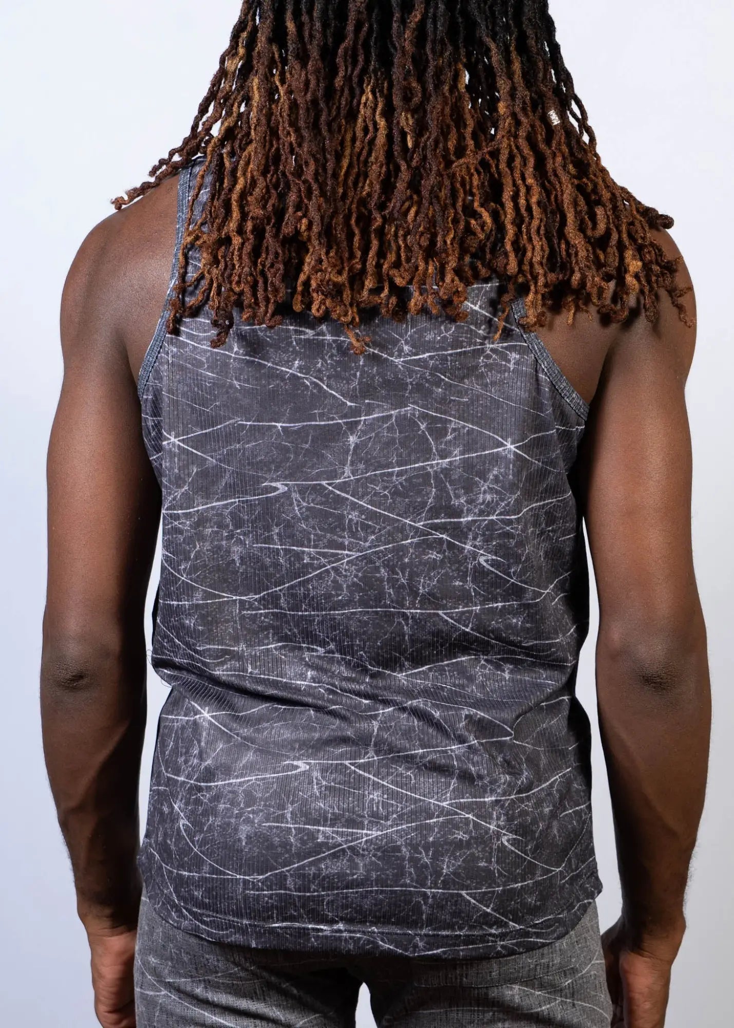 Black tank top with white crackle lightning print pattern ideal for casual summer wear