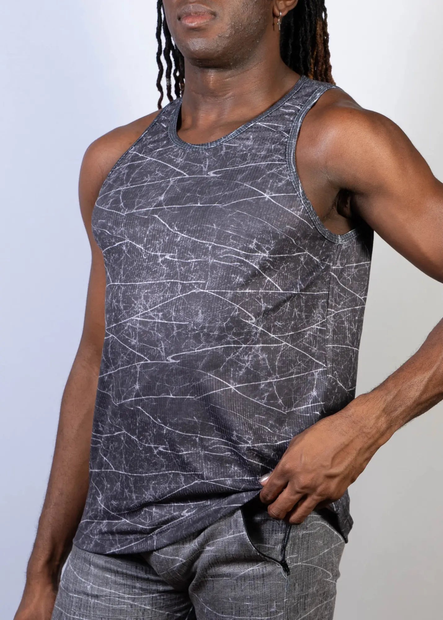 Gray tank top with white crackle lightning print pattern perfect for casual summer wear