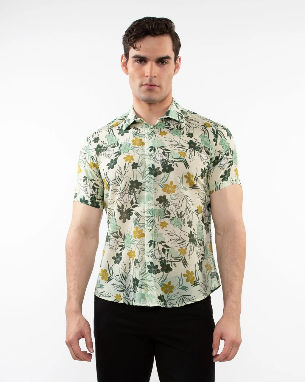 Lightweight cotton silk short-sleeved shirt in light cream with yellow floral pattern and dark green leaves
