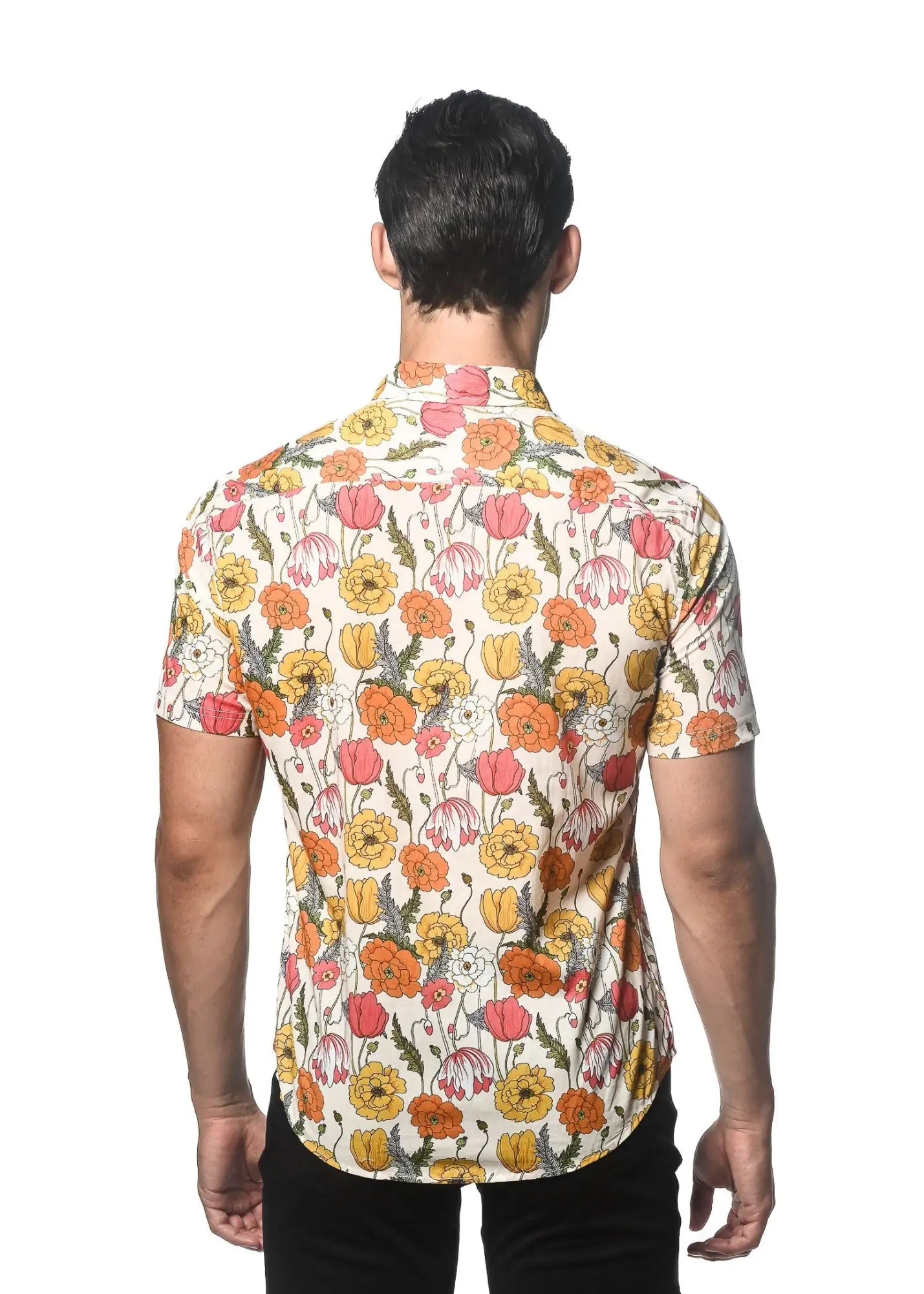 Lightweight cotton tencel short sleeve shirt in cream with vibrant orange pink floral pattern and green stems