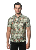 Lightweight linen tencel men’s short-sleeved button-up shirt with vibrant orange floral print on off-white background