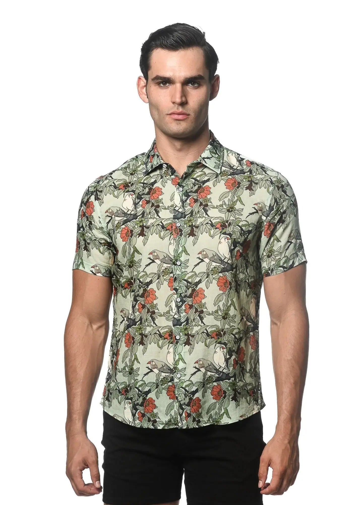 Lightweight linen tencel men’s short-sleeved button-up shirt with vibrant orange floral print on off-white background