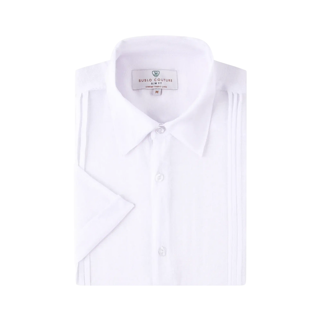 A crisp white linen air short-sleeved slim fit shirt with subtle front pleats and a classic collar