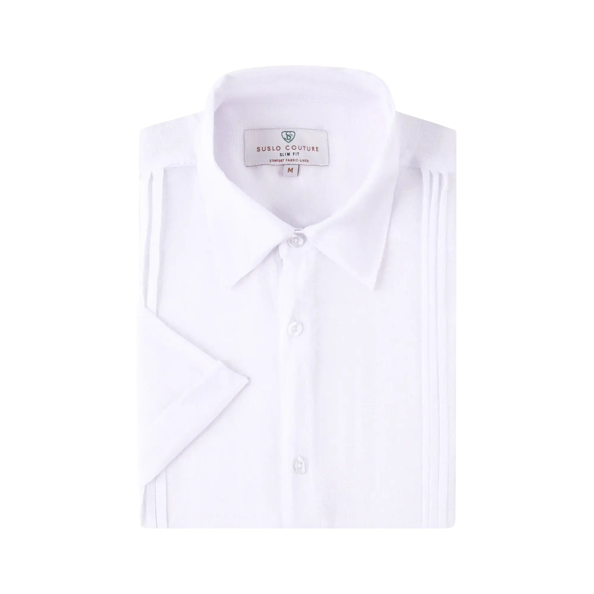 A crisp white linen air short-sleeved slim fit shirt with subtle front pleats and a classic collar