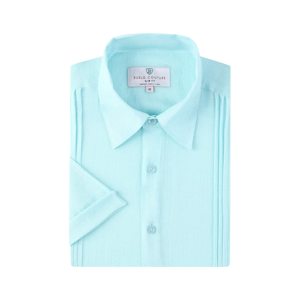 A light blue linen air short-sleeved slim fit dress shirt with pleated detailing along the sides