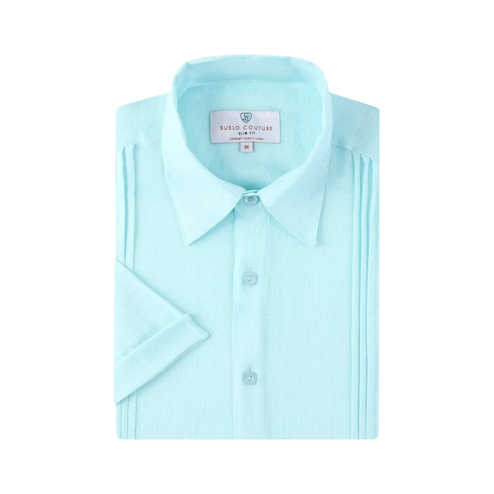 A light blue linen air short-sleeved slim fit dress shirt with pleated detailing along the sides