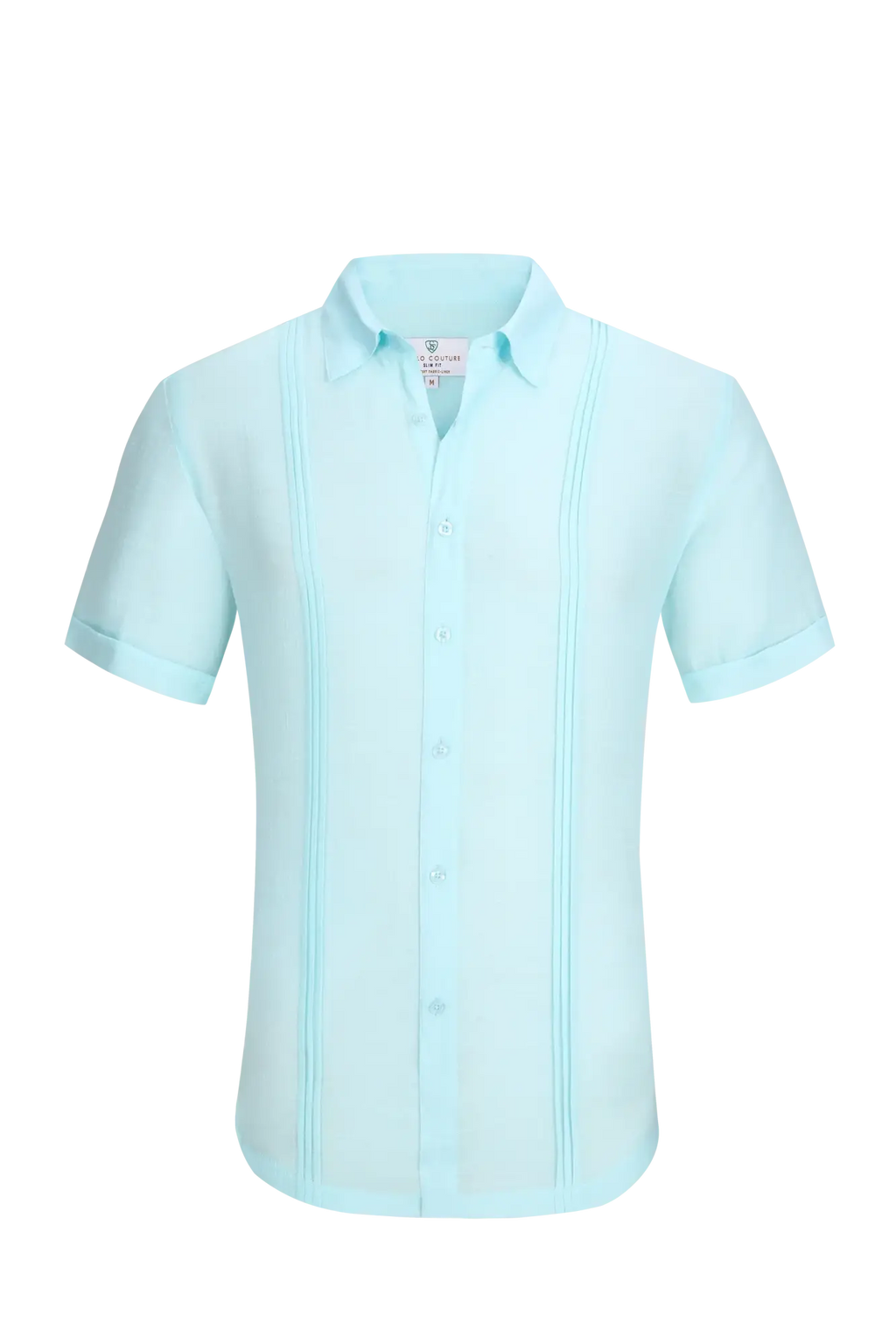 A light blue linen air short-sleeved men’s shirt with classic collar and subtle vertical pleats along the sides