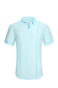 A light blue linen air short-sleeved men’s shirt with classic collar and subtle vertical pleats along the sides