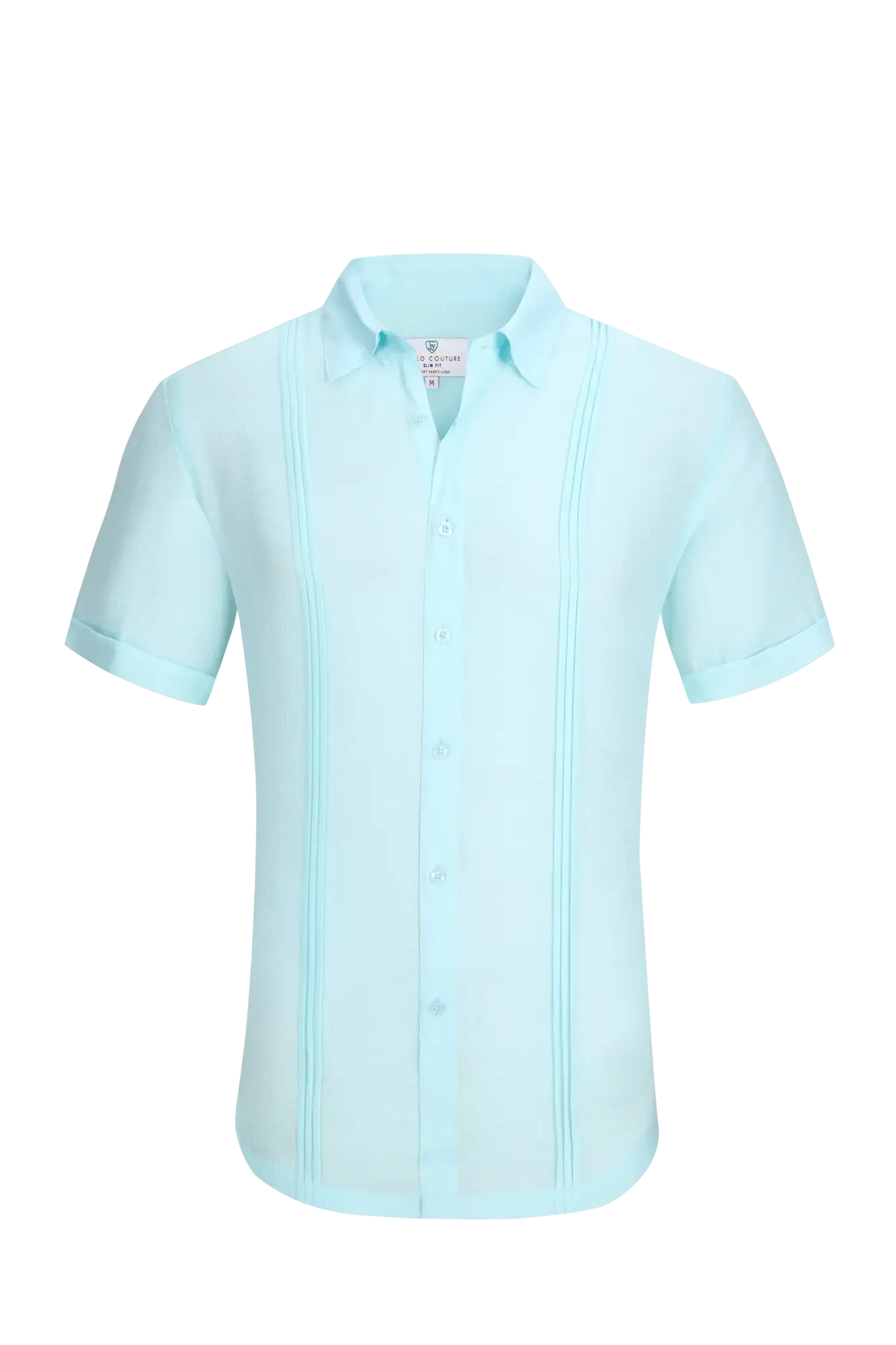 A light blue linen air short-sleeved men’s shirt with classic collar and subtle vertical pleats along the sides