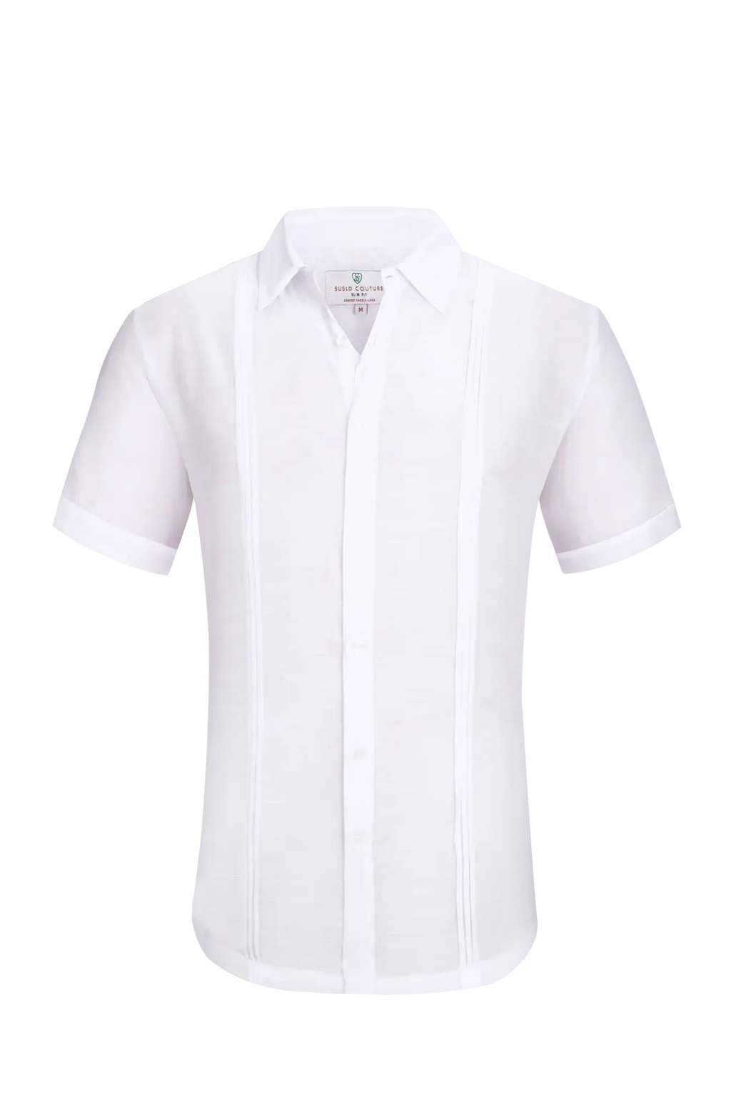 White linen air short-sleeved men’s formal shirt with a crisp collar and vertical pleats down the front