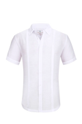 White linen air short-sleeved men’s formal shirt with a crisp collar and vertical pleats down the front