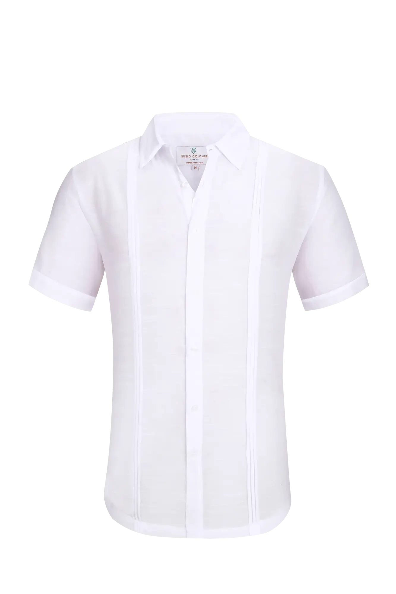 White linen air short-sleeved men’s formal shirt with a crisp collar and vertical pleats down the front