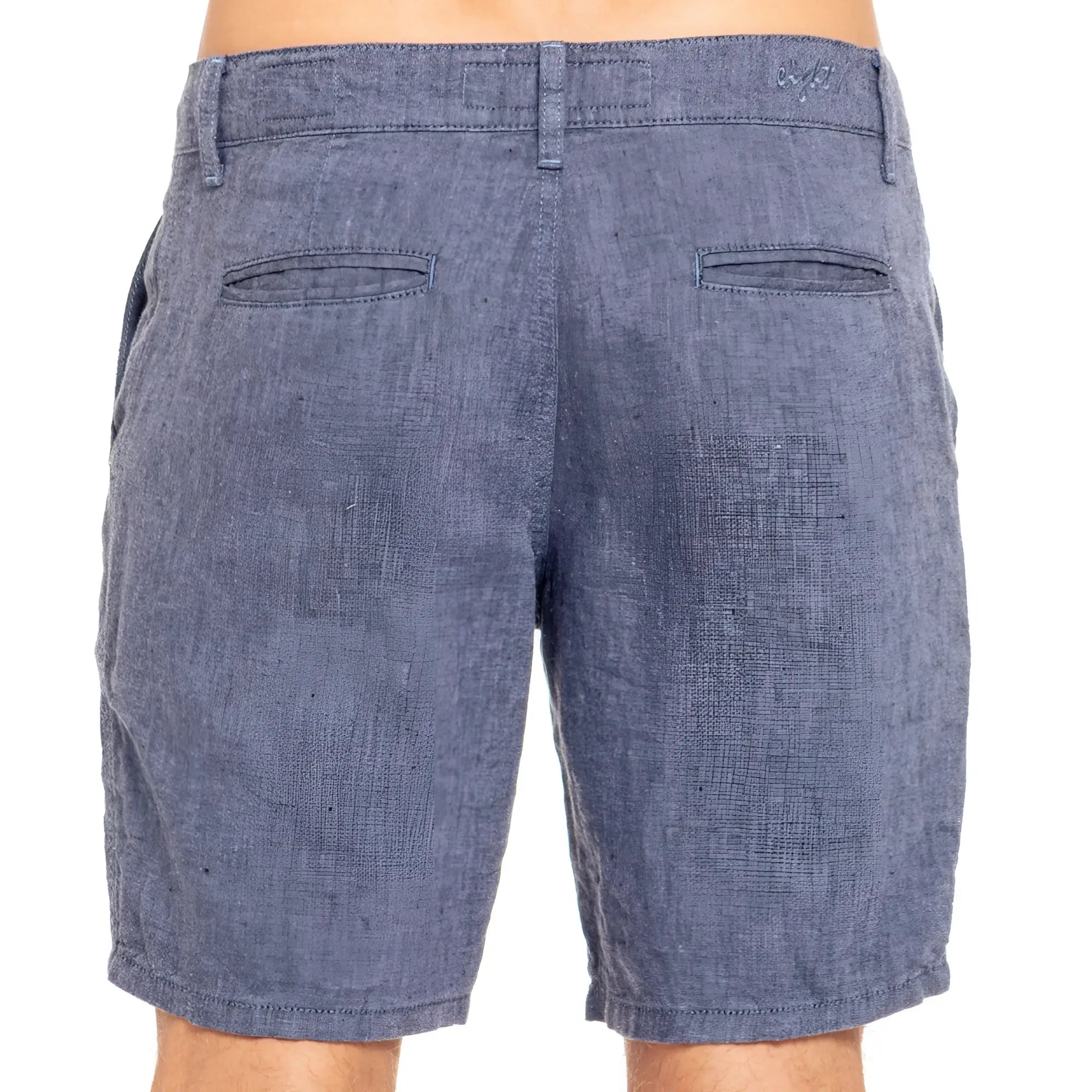 Back side of blue heathered linen slim fit denim shorts with subtle textured weave and two back pockets