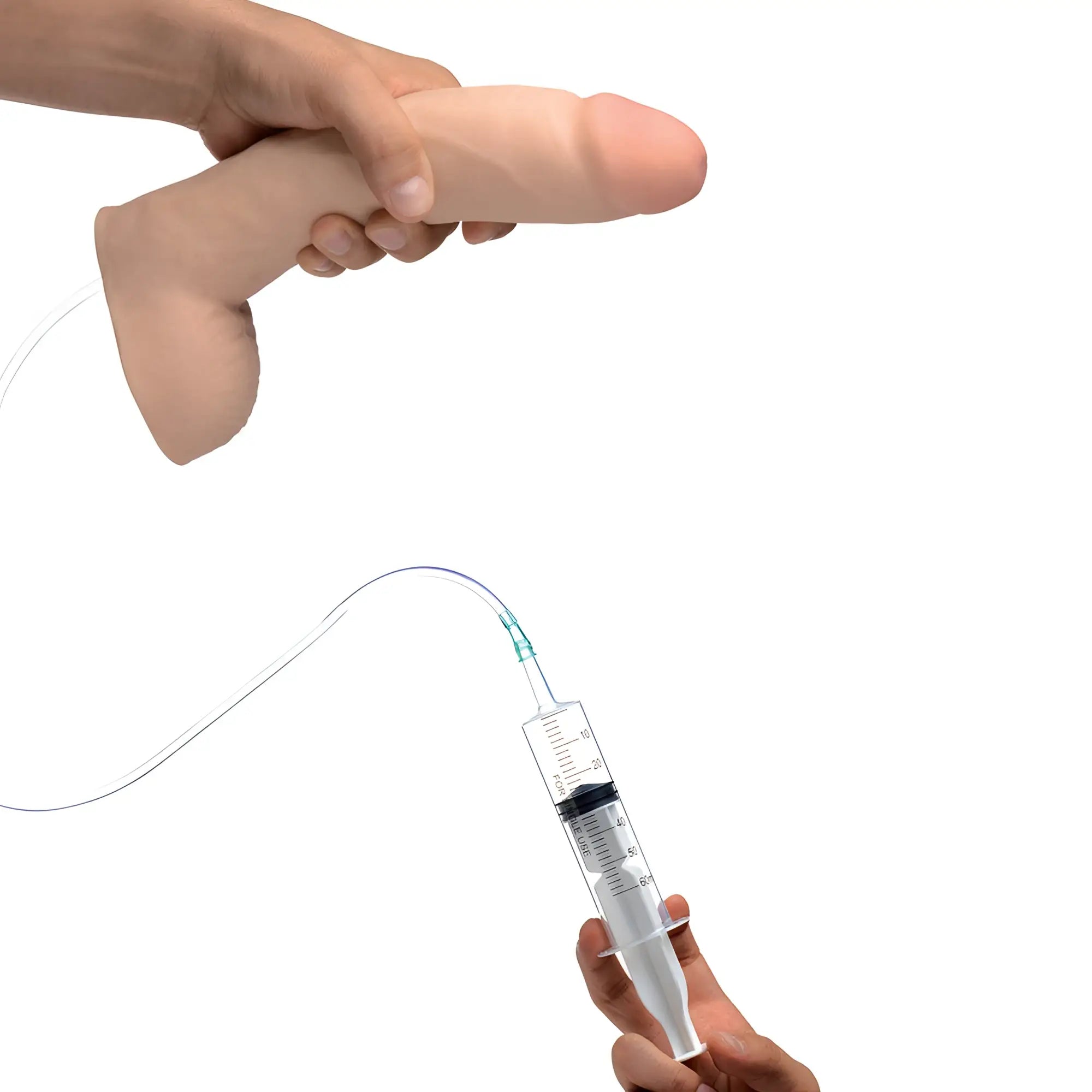 Loadz 10-inch realistic dual-density dildo in skin tone, connected by tubing to a hand-held fluid-dispensing syringe.