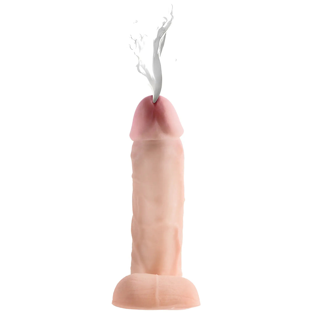 Loadz 10-inch realistic dual-density dildo, skin-tone, ejecting a white fluid stream against a white background.