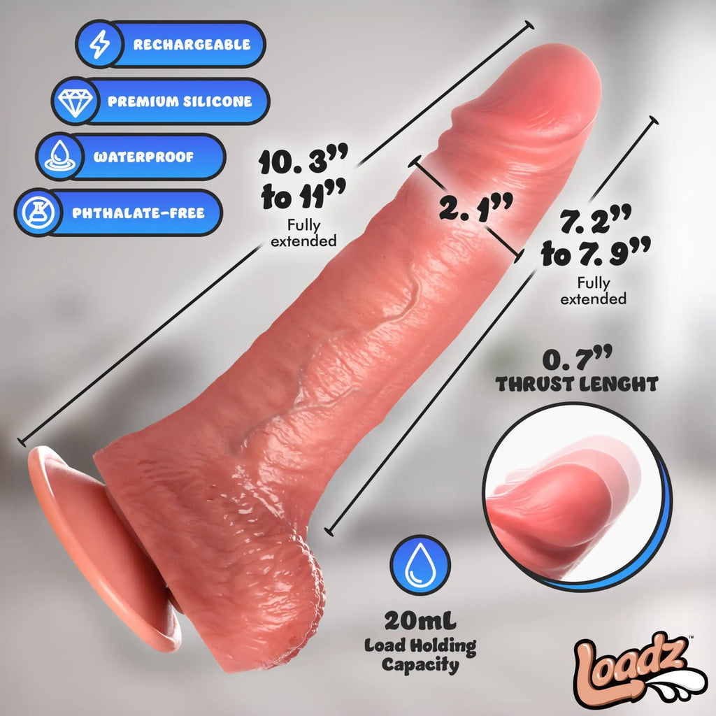 Loadz pink realistic textured dildo with suction cup base, featuring technical dimension labels and product specs.