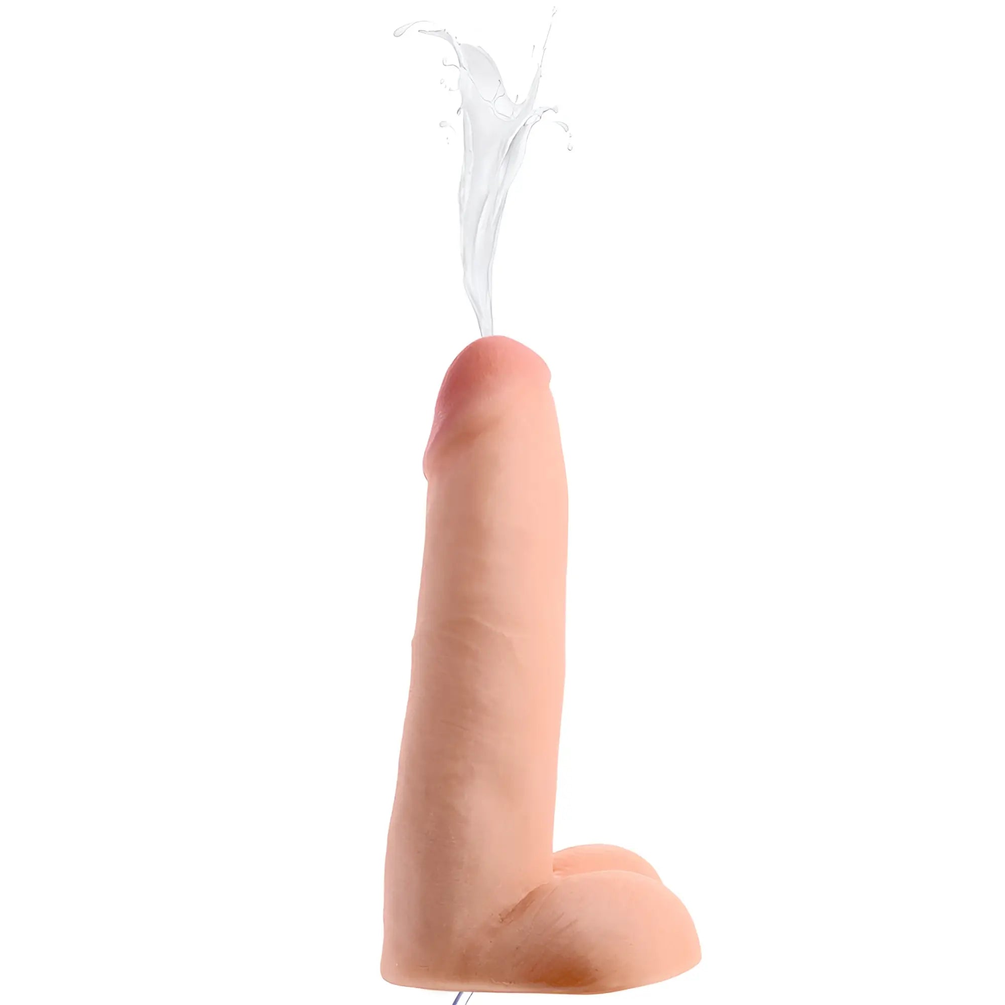 Loadz 8-inch realistic skin-tone dildo squirting liquid from the tip against a white background.