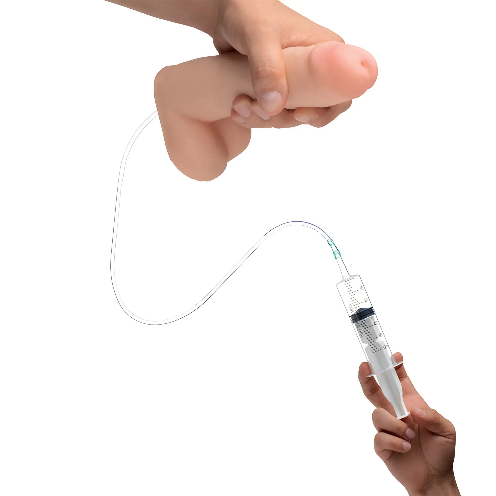 Loadz 8-inch realistic skin-tone squirting dildo connected by a clear tube to a syringe held by a hand.