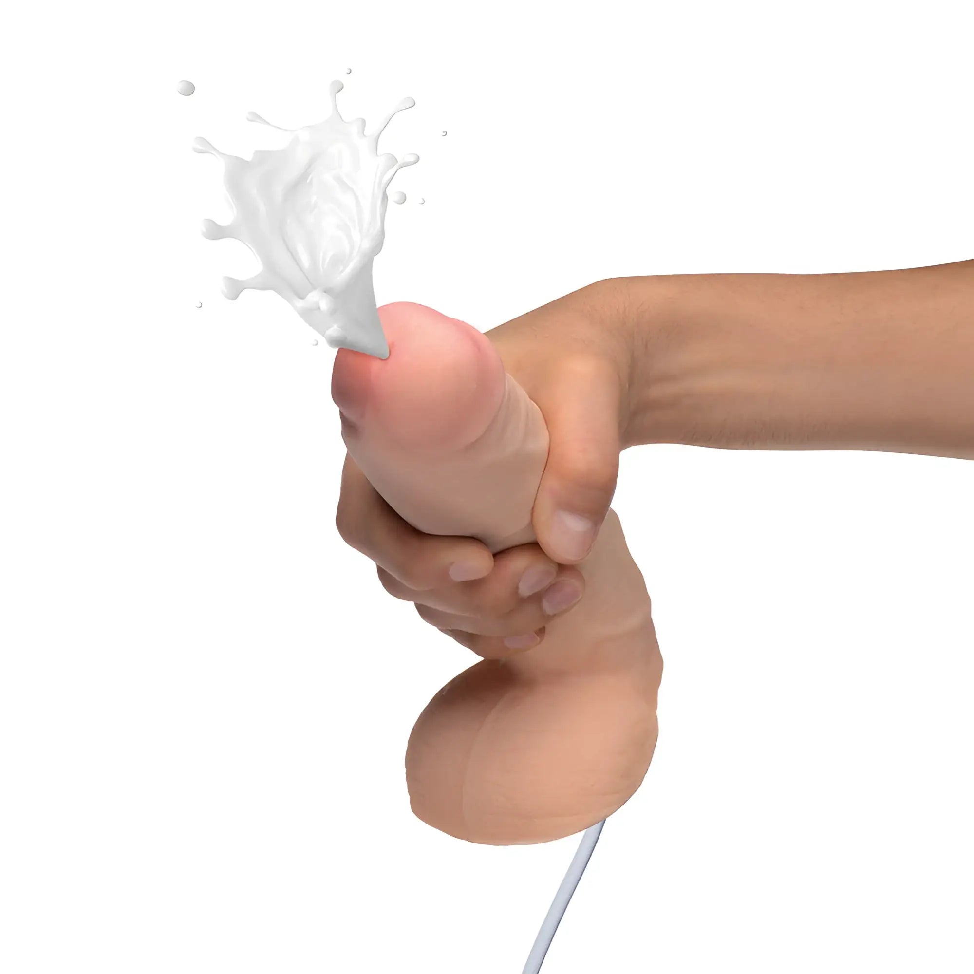 A hand holds a realistic, skin-tone Loadz 9-inch squirting dildo emitting a liquid spray against a white background.