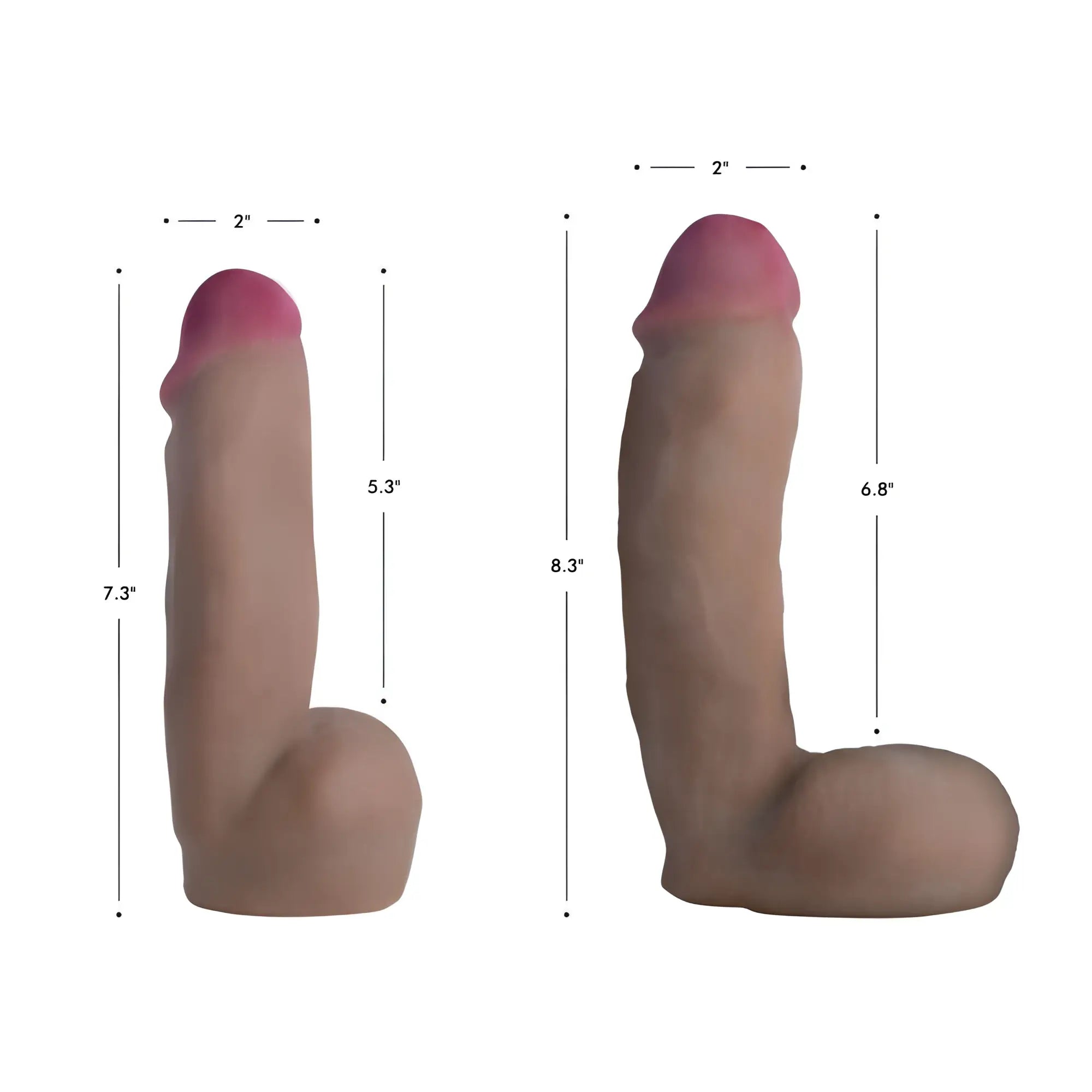 Loadz Dual Density Squirting Dildo shown in two sizes with realistic skin tone, pink tip, and measurement labels.