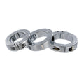Three chrome-finished locked hinged cock rings with varying metal designs and cutouts for secure wear