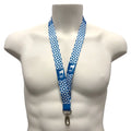 Blue logotipo lanyard with white geometric pattern and cia rio ca logo featuring silver metal clasp for key holding