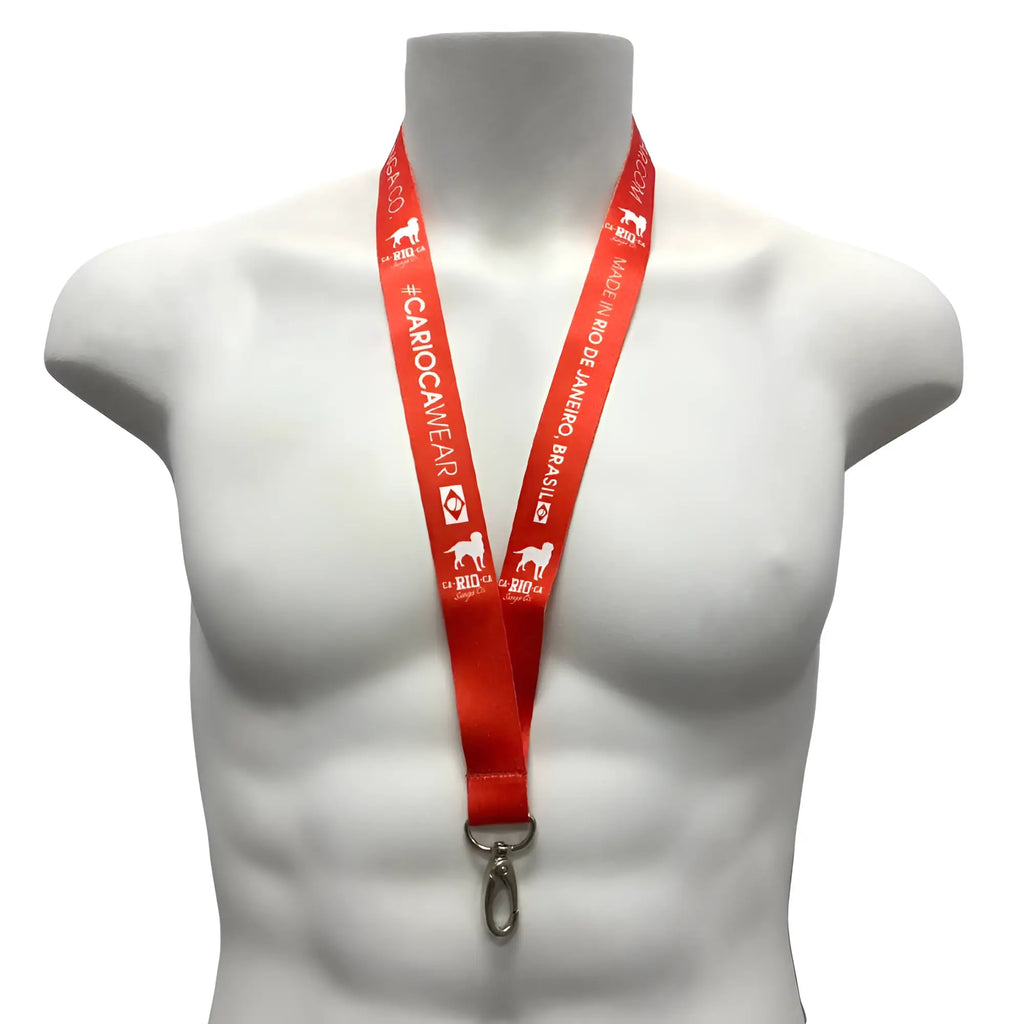 Red logotipo lanyard with white text and silver metal clasp for key holder in black blue red and white colors