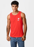Red cotton men’s tank top featuring a white dog logo and ga rio ca text on the chest