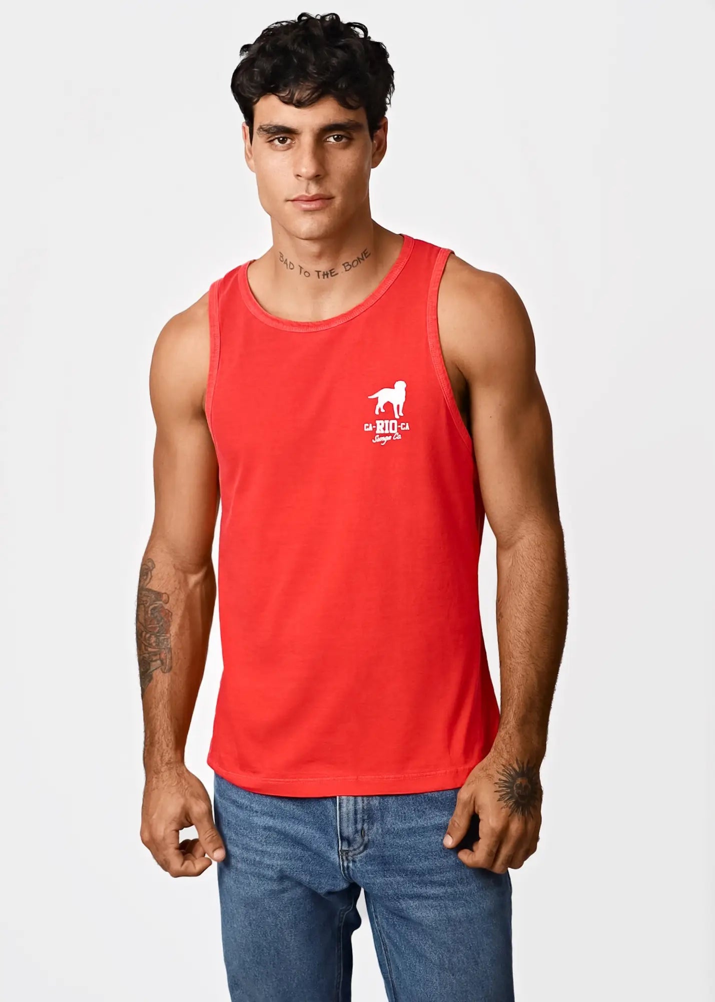 Red cotton men’s tank top featuring a white dog logo and ga rio ca text on the chest