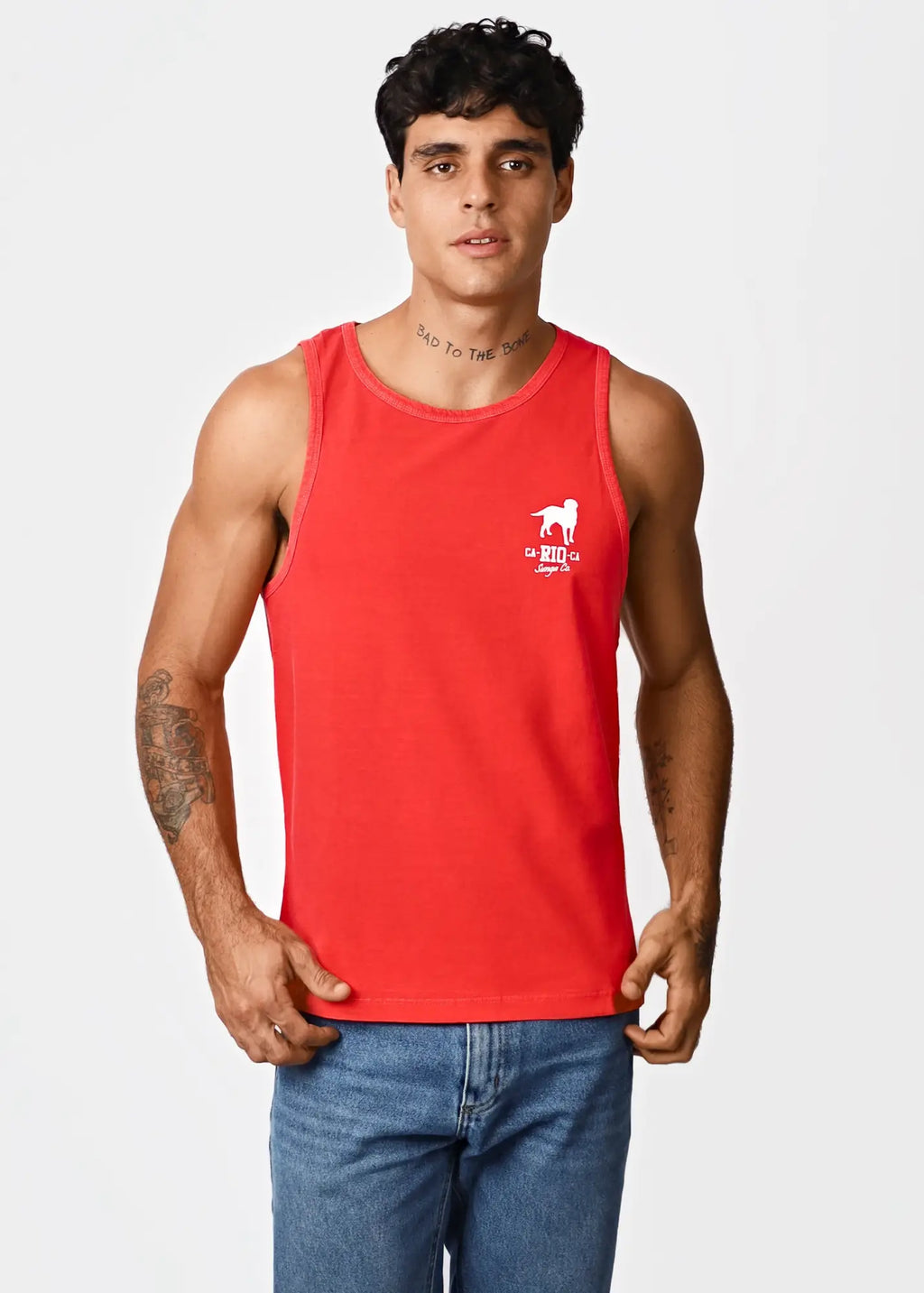 Red sleeveless tank top with a white dog logo and big text on left chest for men casual wear