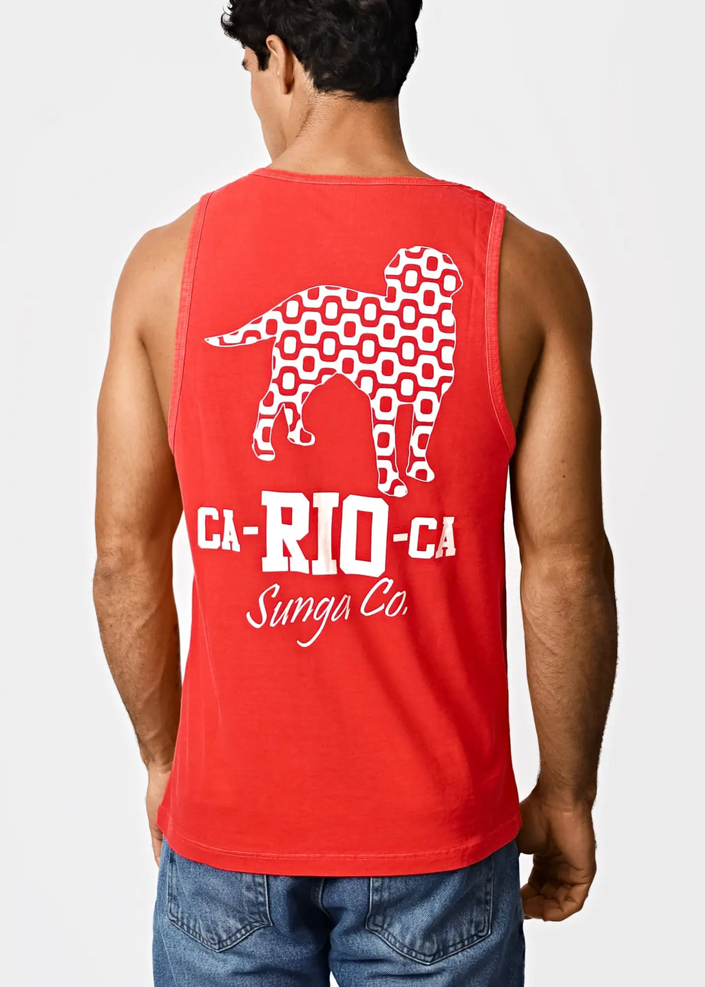 Men’s red sleeveless tank top featuring a white geometric dog silhouette and bold ca-rio-ca text logo design