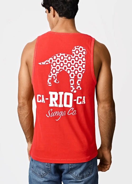 Men’s red sleeveless tank top featuring a white geometric dog silhouette and bold ca-rio-ca text logo design