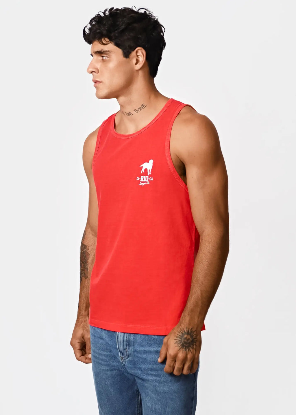 Men’s red sleeveless tank top with white dog logo and text on the left chest for casual wear