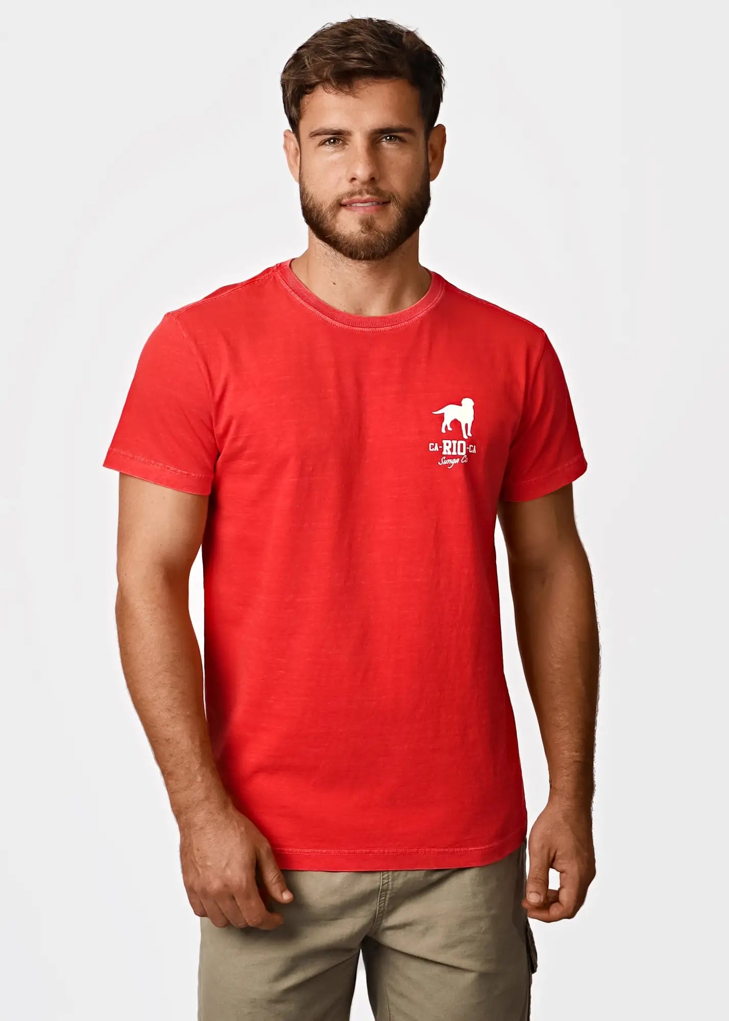 Men’s red cotton t-shirt featuring a white dog graphic and text on the left chest from logotipo red tees