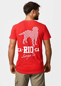 Back of red men’s short-sleeved t-shirt with white geometric dog silhouette and ca-rio-ca sunga co text