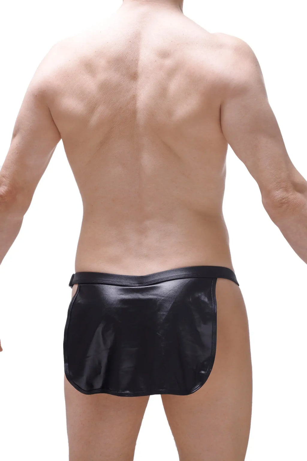 Black patent leather briefs with a sleek glossy finish and contoured design in loincloth wet black with g-string style