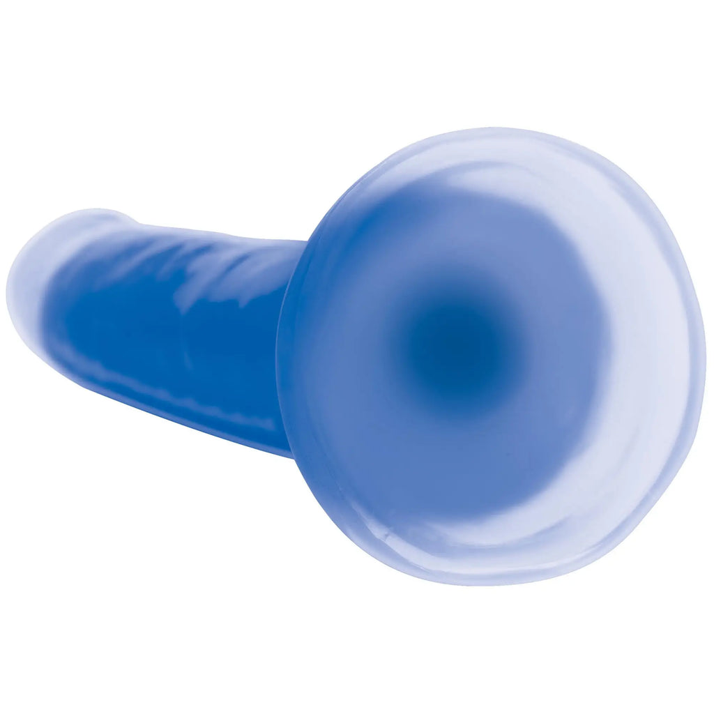 Blue translucent silicone dildo with rounded bulbous head and tapered shaft from lollicock glow-in-the-dark 7 inch series