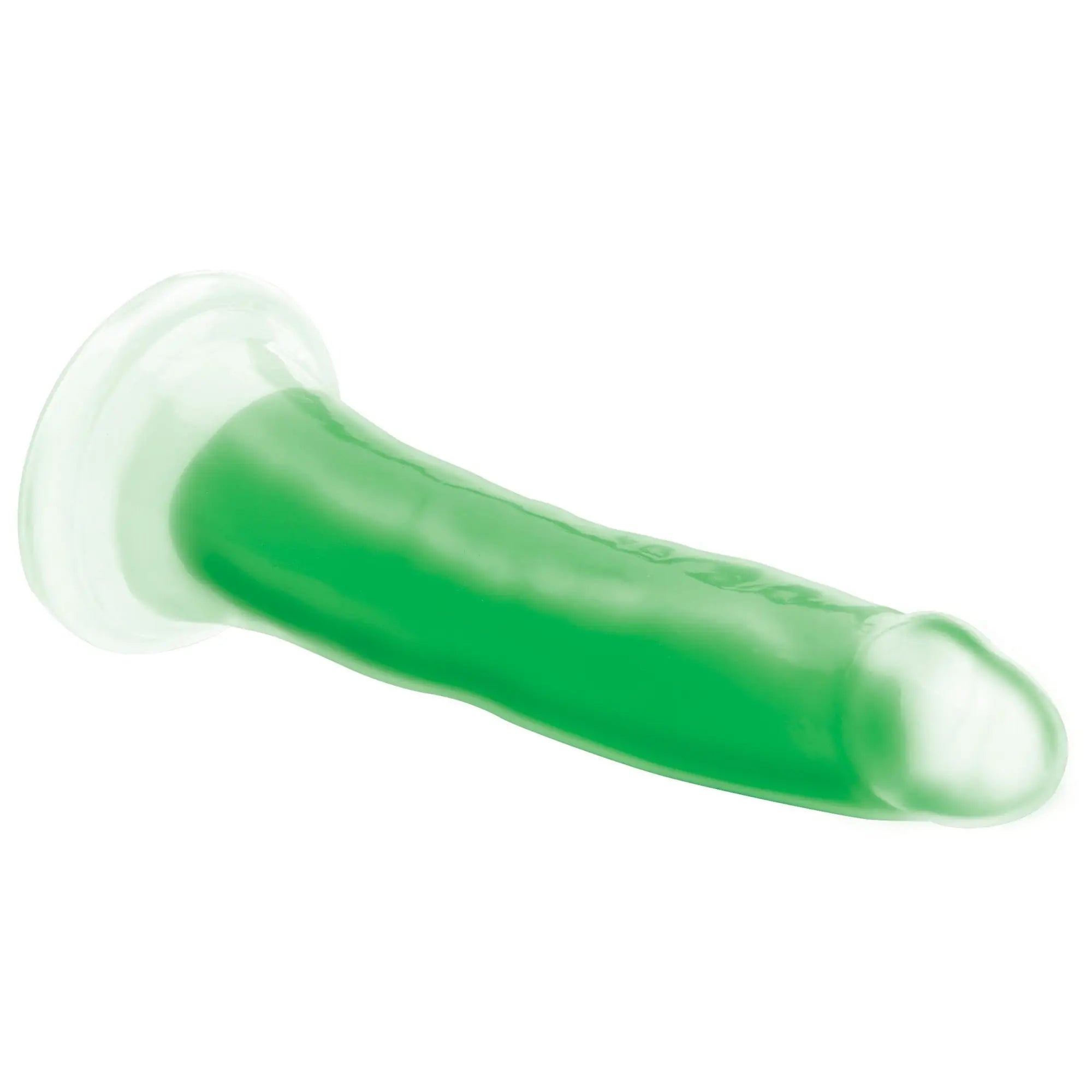 Green translucent silicone dildo with clear circular base from Lollicock 7 inch glow in the dark dildo series